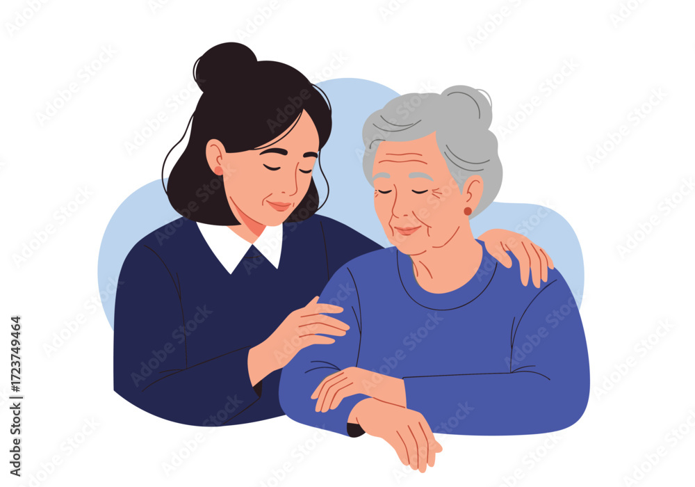 Fototapeta premium A younger woman comforts an older woman with her arm around her shoulder.