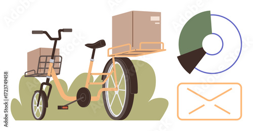 Delivery bicycle carrying packages with pie chart and envelope visuals representing logistics, data, and communication. Ideal for supply chain, delivery service, analytics, e-commerce