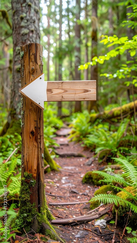 Fototapeta premium Wooden trail marker in a lush forest