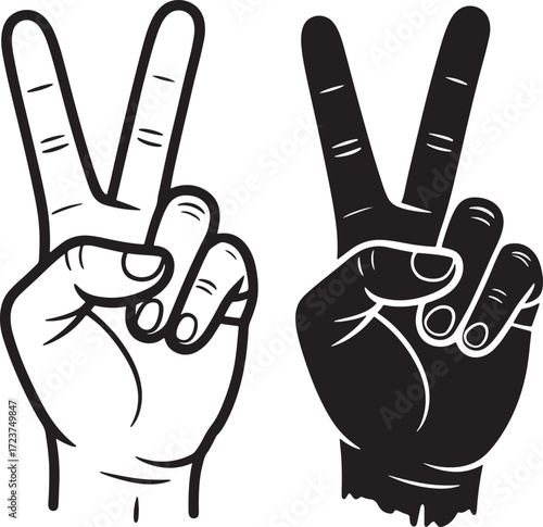 Two hands making the peace sign one outline one solid black victory sign hand gesture