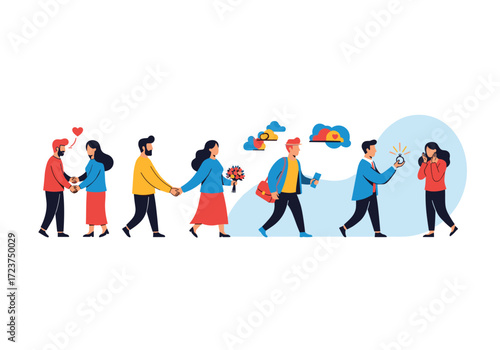 Couples walking together on a sunny day with clouds in the sky.