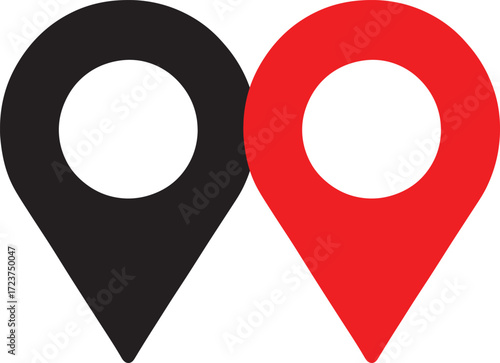 Two location pin markers one black and one red navigation