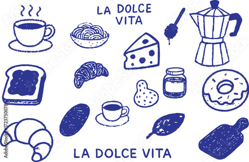 Whimsical doodles of italian breakfast. Quirky icons of Italian food in simple crayon and sketch style. Trendy art for menus pasta, paneer, cheese, coffee maker, honey, choping board, and dinner brunc