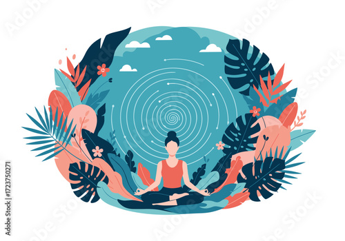 A woman meditating peacefully surrounded by lush green foliage and a calm blue sky with swirling patterns.