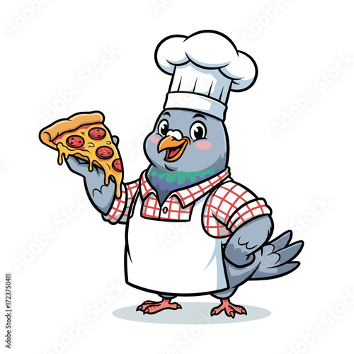 Cartoon pigeon chef holding slice of pizza in cooking attire  