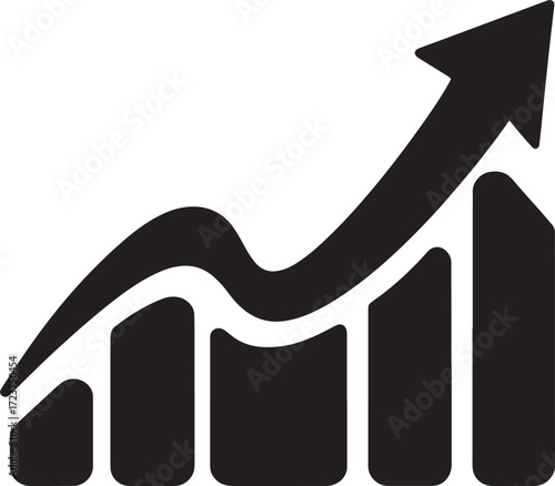 Upward trending bar graph with a curved arrow icon growth success