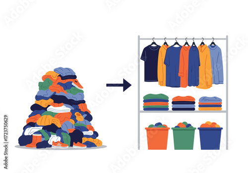 Organizing a messy pile of clothes into an organized closet space.