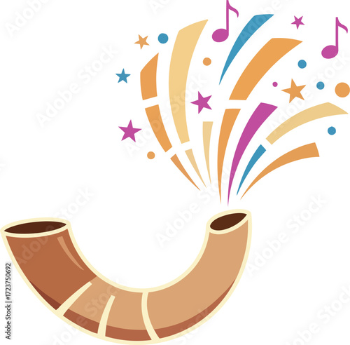 Festive shofar illustration with musical notes, confetti, and stars bursting from its horn, symbolizing celebration, Jewish holidays, and the joy of new beginnings.