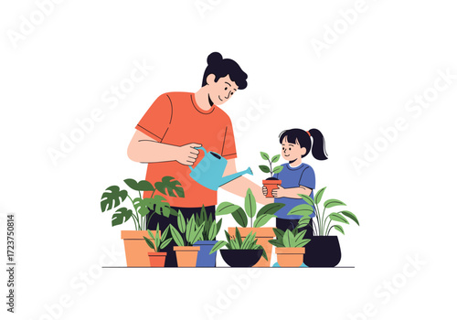 Parent and child tending to plants together in a garden.
