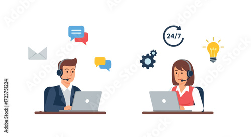 Flat vector illustration of customer support representatives with headsets working on laptops, ideal for helpdesk, online service, and communication concepts.