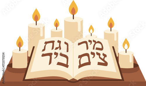 Open Jewish prayer book surrounded by lit candles, symbolizing spirituality, devotion, tradition, and the sacred observance of Jewish holidays and worship.