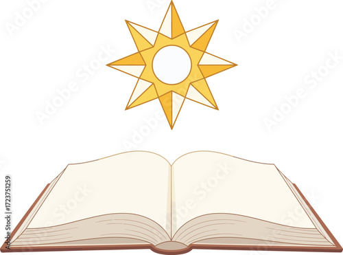 Open book with a shining star of Bethlehem above, symbolizing spiritual knowledge, wisdom, divine guidance, and the light of Christmas and Christian faith.
