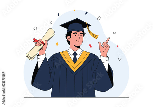 A proud graduate in a cap and gown holding a diploma celebrating academic achievement.