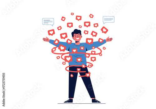 Man embracing a shower of hearts and likes on social media.
