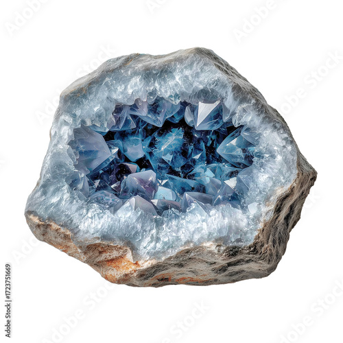 A cut-out captivating geode featuring a cluster of vibrant blue crystals nestled within a rough, textured, pale blue rock formation on a transparent background.