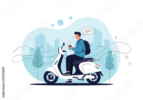 A man rides a scooter through a city with a coffee cup in hand.