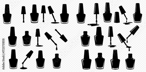 Collection of black nail polish bottle silhouettes in various positions, some with applicators and spills.