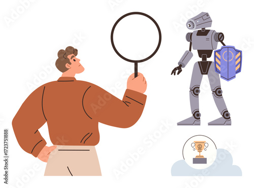 Man examines a robot holding a shield using a magnifying glass, emphasizing technology, AI, innovation. Ideal for science, research, robotics, progress, digital security engineering simple flat