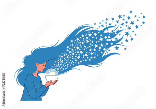 A woman with long blue hair lets stars fly out of her hands.