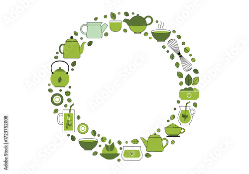 A delightful circular arrangement of teapots and tea related items in various shades of green.