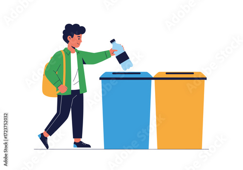 A person is putting a plastic bottle into a recycling bin.