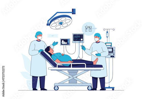 Medical team performing surgery on a patient in an operating room.