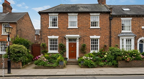 Exterior view front door and garden of a beautiful old red brick town house on a street in an english city
