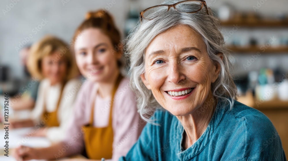 Obraz premium A lovely senior woman smiles brightly, with her friends blurred in the background at a workshop or class setting.