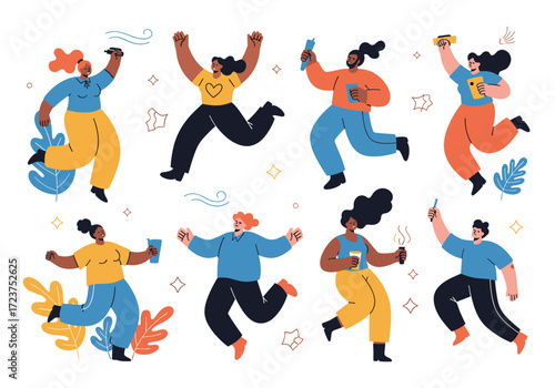 Diverse people joyfully celebrating and dancing in a lively and colorful illustration.