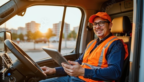 Wallpaper Mural Delivery Driver in Professional Vest Using Tablet to Relax in City Van During Sunset Urban Environment Torontodigital.ca