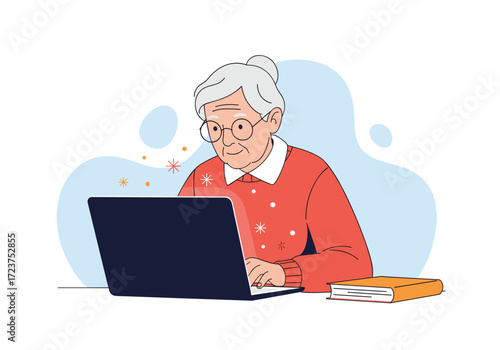 An elderly woman is learning new digital skills on her laptop.