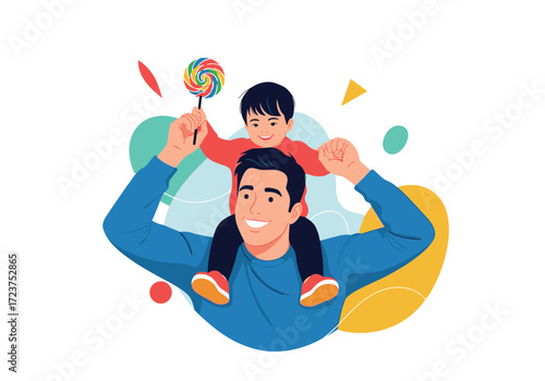A father carries his happy son on his shoulders holding a colorful lollipop.