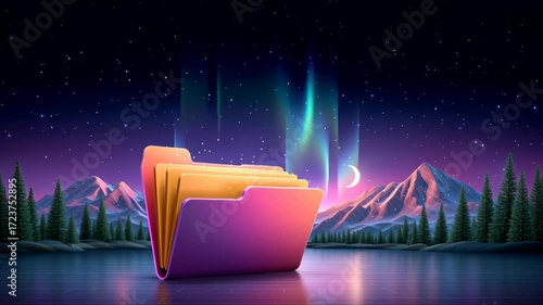 Colorful folder icon glowing reflective lake with northern light aurora mountain night crescent moon stars vibrant folder icon storage document
