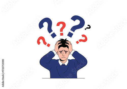A person struggling with many confusing questions and stress.