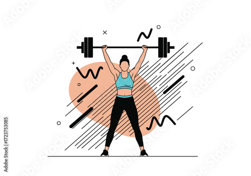 Woman performing an overhead press with a barbell for strength training.