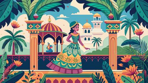 An Indian woman in traditional attire stands beside a peacock in a vibrant garden filled with flowers and greenery..eps