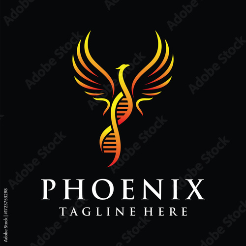 phoenix and helix dna logo design, flying bird eagle falcon hawk vector icon concept