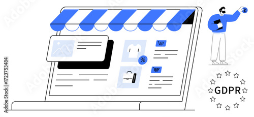 Laptop displaying e-commerce store layout, user browsing, percentage discount signs. Ideal for online shopping, e-commerce, GDPR, data privacy, marketing compliance secure transactions. Simple flat