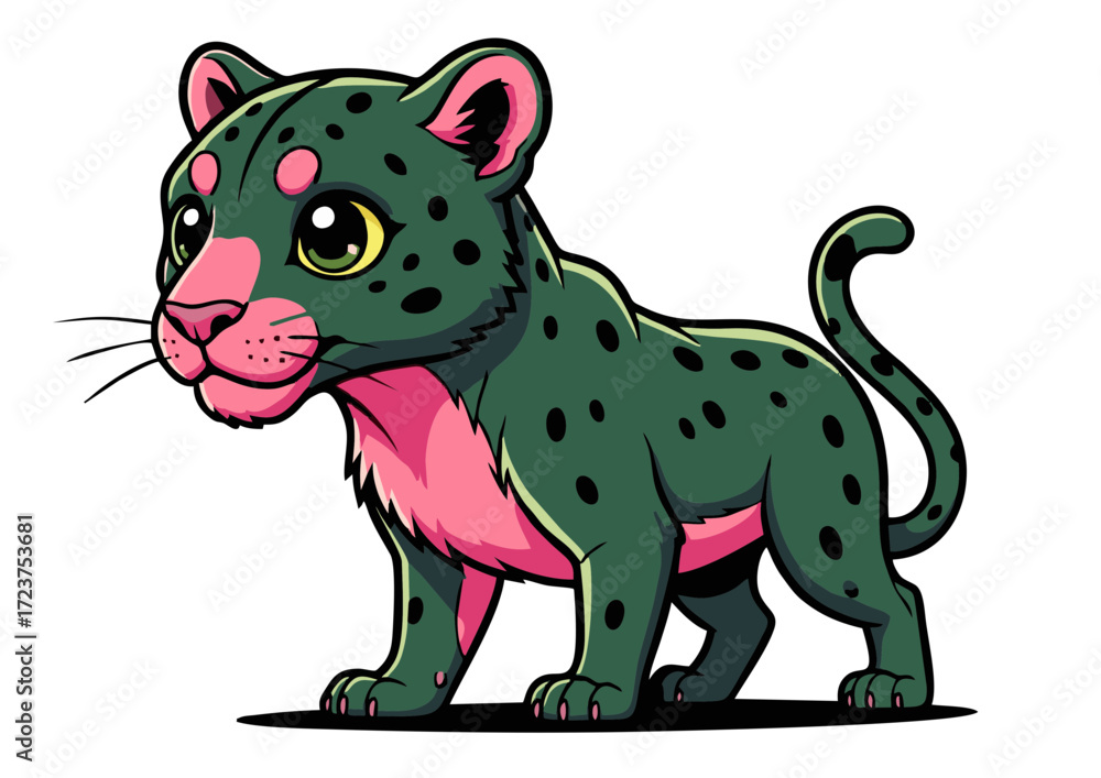 Obraz premium Cartoon Leopard Cub with Pink Underbelly and Green Spots.