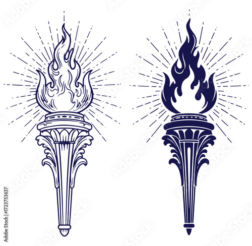 Intricate vector illustrations of lit torches with radiant bursting lines and vintage details