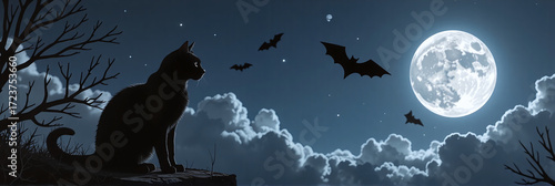 Silhouettes of a cat and bats under the full moon, embodying the spooky essence of Halloween.