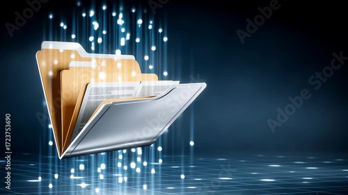 Digital file folder document transfer with glowing data streams conveying secure cloud backup and efficient digital data transfer and modern cloud