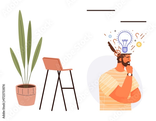 Thoughtful man with hand on chin surrounded by lightbulb and abstract creativity icons. Potted plant and tall stool adjacent. Ideal for creativity, brainstorming, innovation, problem-solving, focus