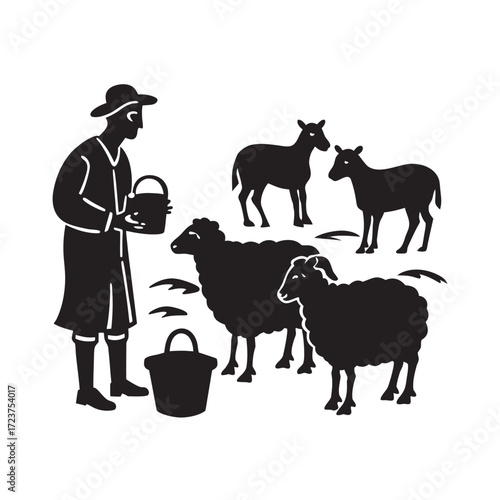 Shepherd Feeding Sheep In Field Silhouette Design