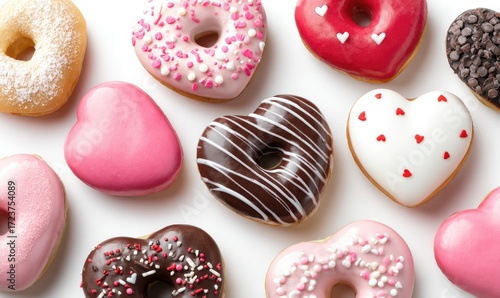 Heart-shaped donuts in various colors and toppings arranged on a white background