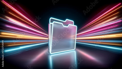 Neon folder icon with dynamic glossy reflection and glowing light streaks, digital transfer neon folder with vibrant light trail streak reflection