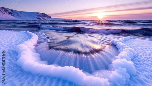 Arctic Sunset: Waves Crashing on Snowy Shoreline with Mountain B