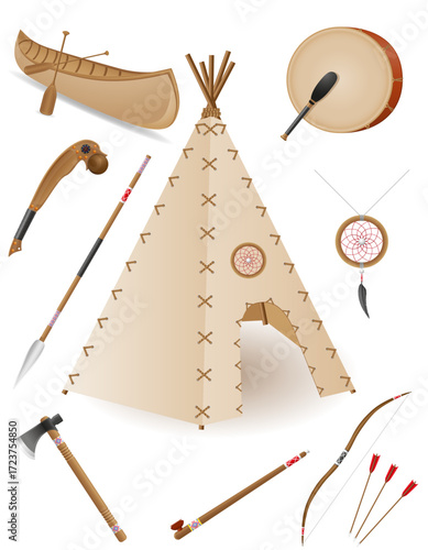 american indians culture eguipment items cartoon stock vector illustration isolated on white background