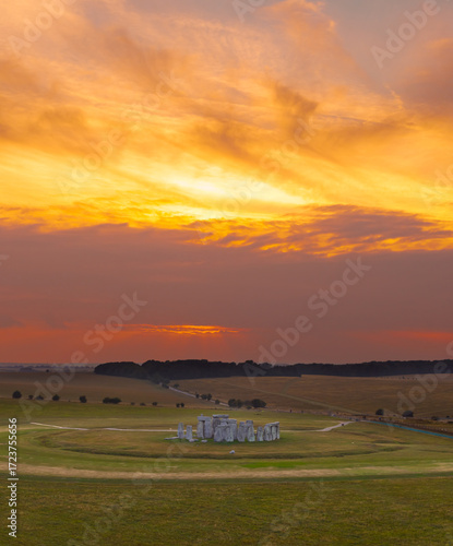 Stonehenge, Salisbury, UK, July 24, 2025; Stunning aerial view of the sunset and spectacular historical monument of Stonehenge stone circles, Wiltshire, England, UK