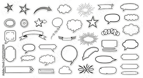 Collection of hand-drawn speech bubbles, stars, and banners for creative communication and design